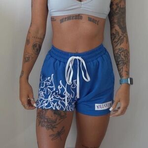Kill Crew Muay Thai Flame Shorts Blue/White Medium